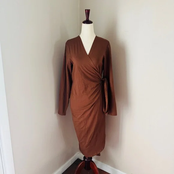 Audrey Leighton Brown V Neck Long Sleeve Midi Wrap Dress Size Large - Picture 2 of 12